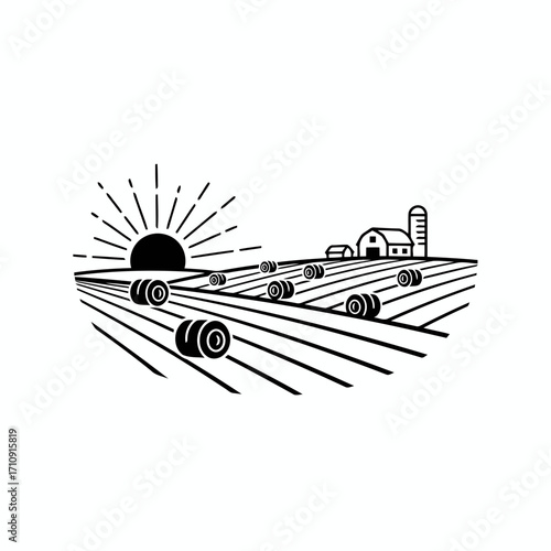 Vector art of a serene black and white illustration of hay bales in a field at sunrise with a farm, , symbolizing agricultural beauty