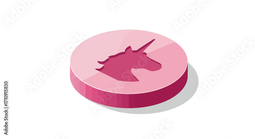 Isometric pink unicorn token coin with shadow on white background
