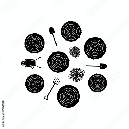 Vector art of a collection of hay bales, wheelbarrows, shovels, and pitchforks arranged in a circular pattern
