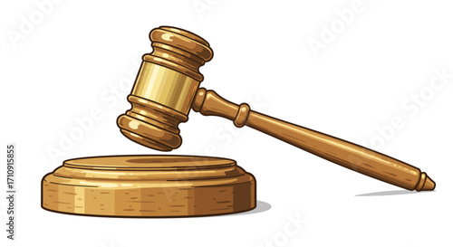 Wooden gavel and block in detailed cartoon style on white background