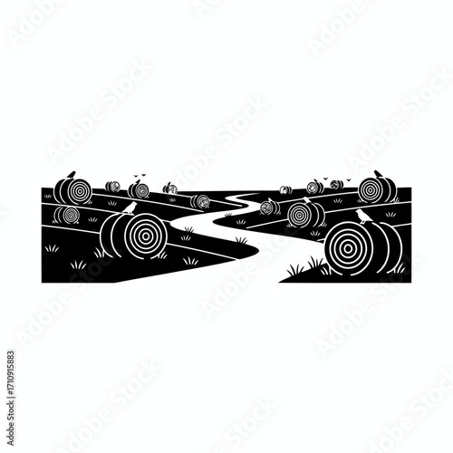 Vector art of hay bales in the field, rural landscape with haystacks, vector illustration of a countryside scene in black and white
