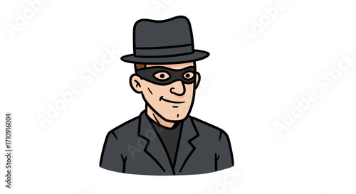 Cartoon thief with hat and mask in black suit on white background