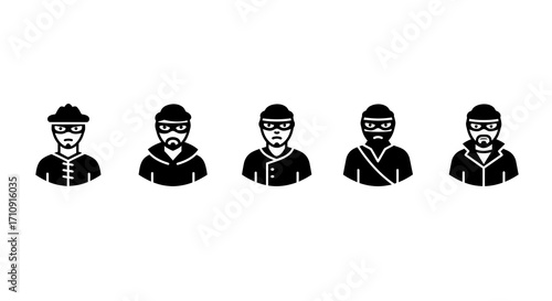 Silhouette icons of five diverse robbers in minimalist style