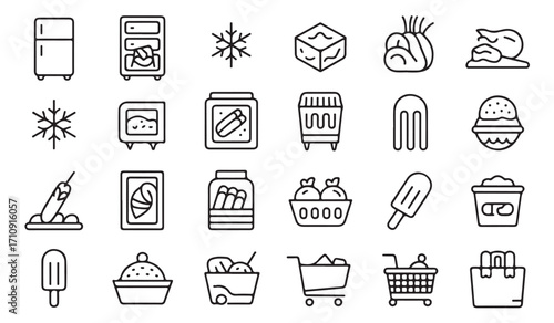 Clean line pack of frozen food and drink icons featuring freezer, ice, popsicle, frozen fish, cupcake, dumpling, basket, and icy dessert storage symbols