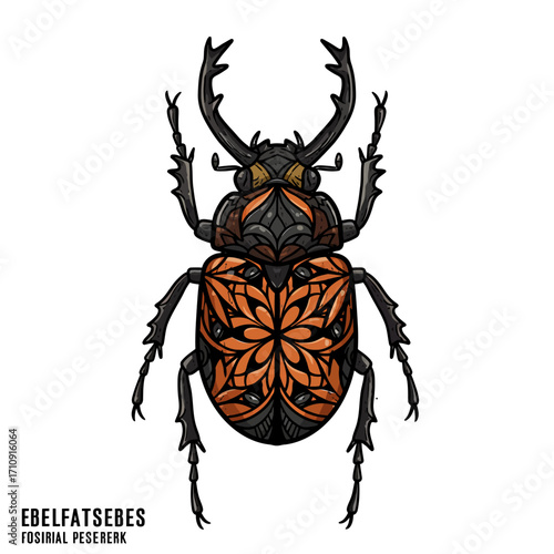 A stylized stag beetle illustration with intricate floral patterns on its body, set against a white background.