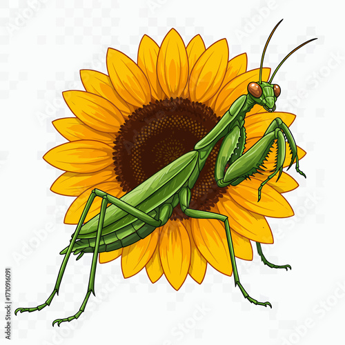 A green praying mantis illustration perched on a bright yellow sunflower with a dark brown center.