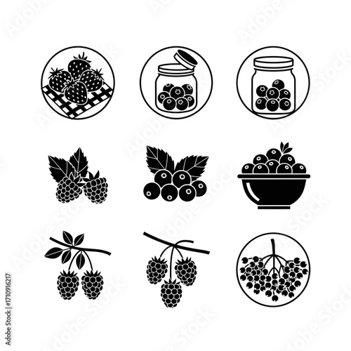 Vector art of collection of black and white icons featuring various berries and berry products perfect for a food blog or recipe book