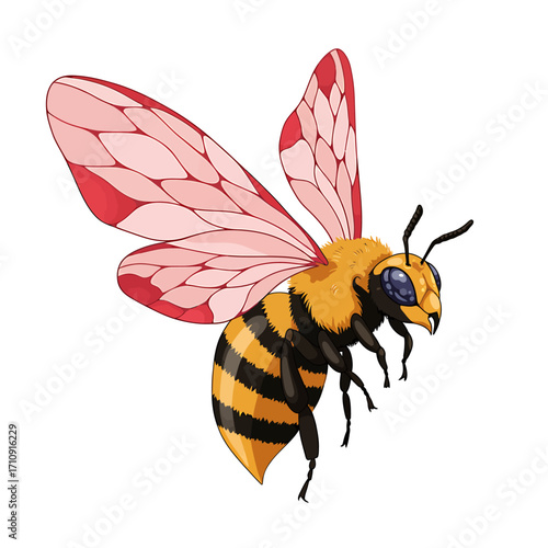 Cartoon illustration of a bumblebee in flight, featuring striped body, fuzzy thorax, and red-tinted wings.