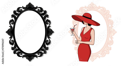 Vintage elegance: woman in red dress with black ornate frame and cocktail