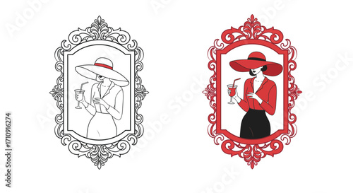 Elegant fashionable woman in ornate frame holding drink in retro style