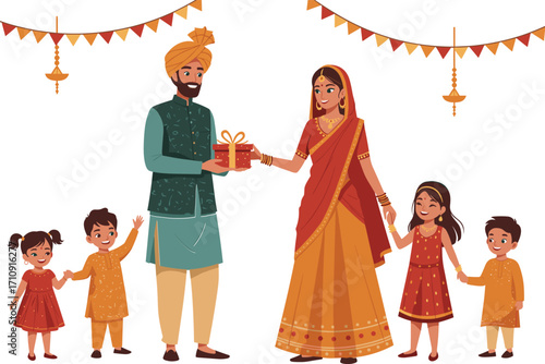 Indian family celebrating Diwali festival, traditional clothing, gift exchange, joyful children, festive decor, cultural heritage, bonding, happiness, togetherness, lamps, garlands