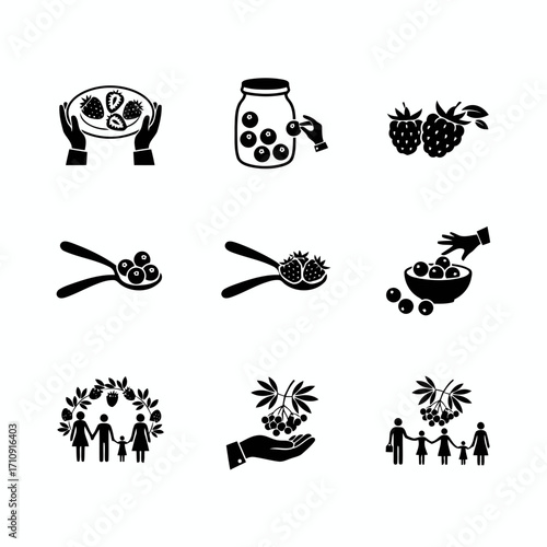 Vector art of collection of black glyph icons representing various berry related themes, including food, family, and harvest