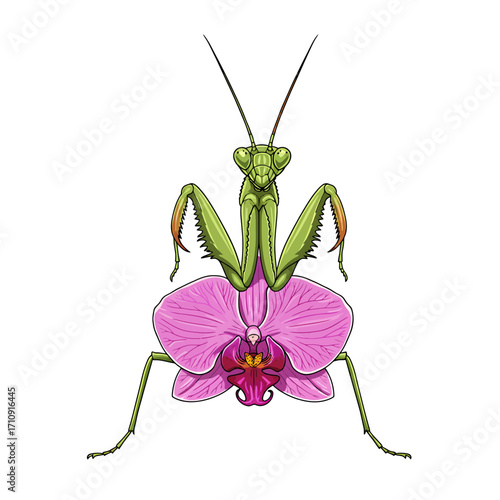A green praying mantis sits atop a pink orchid flower, facing forward with its legs spread.