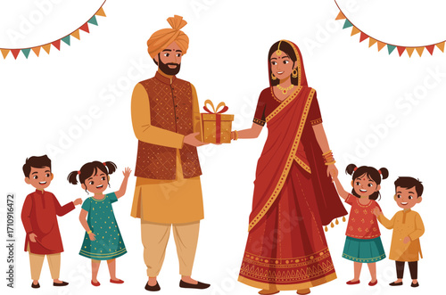 Indian family celebrating festival, traditional clothing, gift exchange, joyful children, cultural heritage, festive mood, bonding, happiness, togetherness, colorful, smiling, tradition
