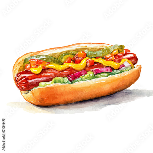 Hot Dog in watercolor style, vector illustration, isolated on white background.