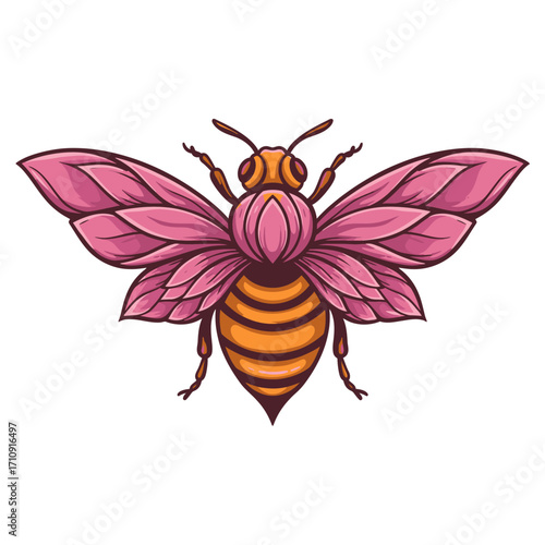 Illustration of a stylized bee with pink petal-like wings and an orange and brown striped body, isolated on white.