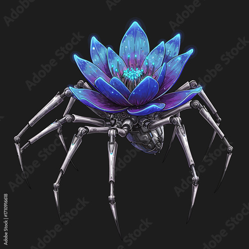 A fantastical creature with a glowing blue flower body and robotic spider legs stands against a dark background.