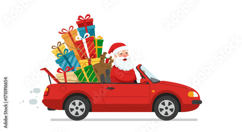 Santa driving convertible with gifts and reindeer during holiday season