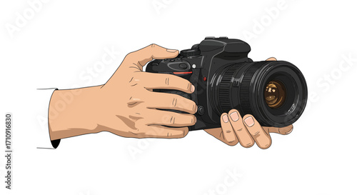 Hands holding a digital camera in detailed illustration