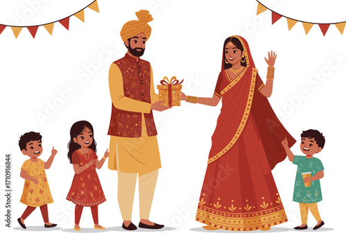 Indian family celebrating traditional festival, exchanging gift, joyful children, cultural attire, festive bunting, bonding, happiness, togetherness, smiling faces, ethnic wear, tradition