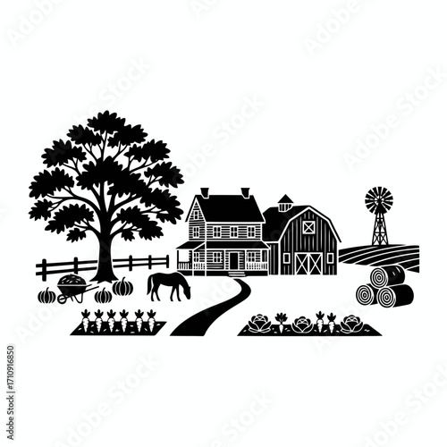 Vector art of silhouette of a farm with barn, house, tree, horse, garden, and hay bales