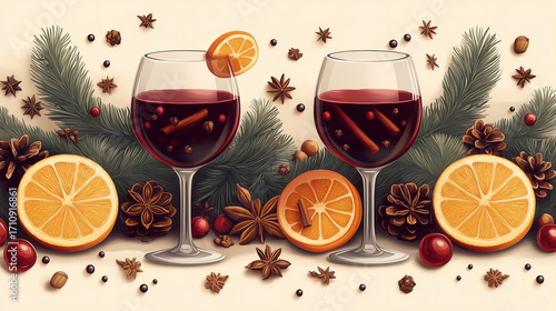 Festive holiday drinks with oranges and spices on a winter-themed table arrangement