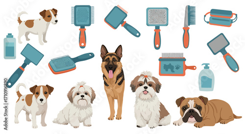 Pet grooming essentials and cute dogs collection for care enthusiasts