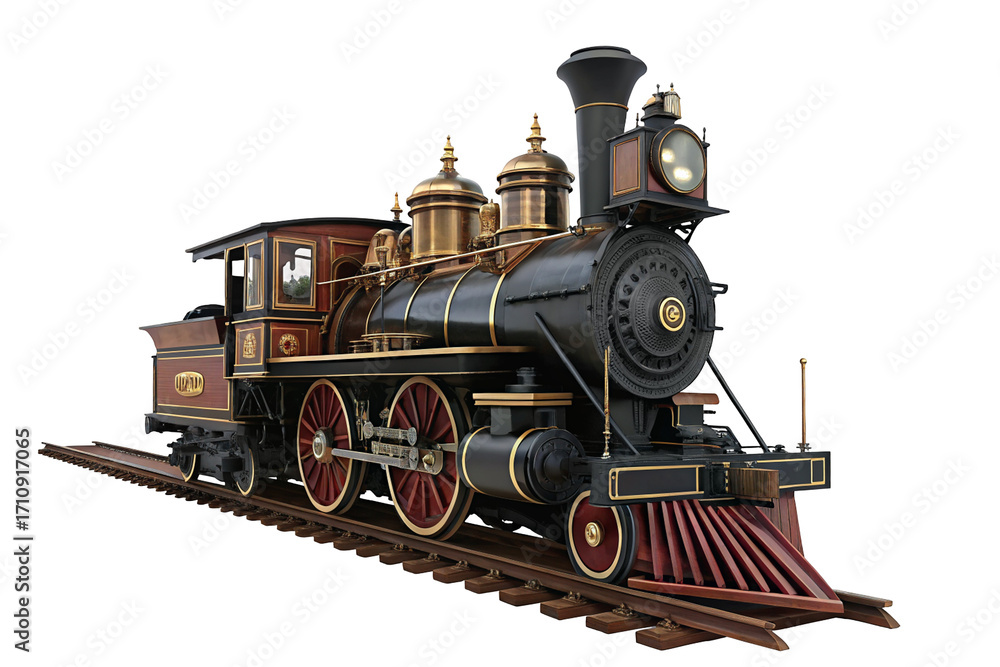 Naklejka premium Vintage steam locomotive on railway tracks with historical design and rich detail in antique style