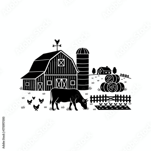 Vector art of a picturesque black and white farm scene, featuring a barn, cow, chickens, and hay bales, showcasing the beauty of rural living