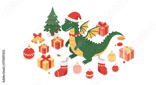Festive christmas dragon with gifts and ornaments in isometric style