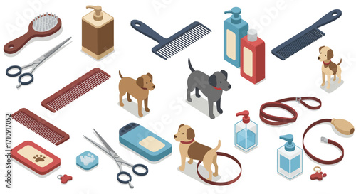 Isometric pet grooming supplies and dogs: shampoo, combs, scissors, and more