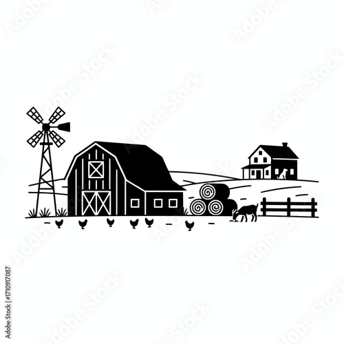 Vector art of farm scene with barn, house, windmill, hay bales, fence, chickens, and deer black silhouette vector
