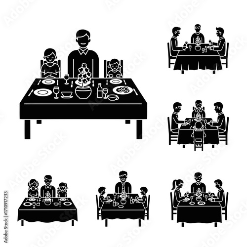 Vector art of family dinner stick figure pictogram icons set vector illustrations of people eating, having meal, and dining together