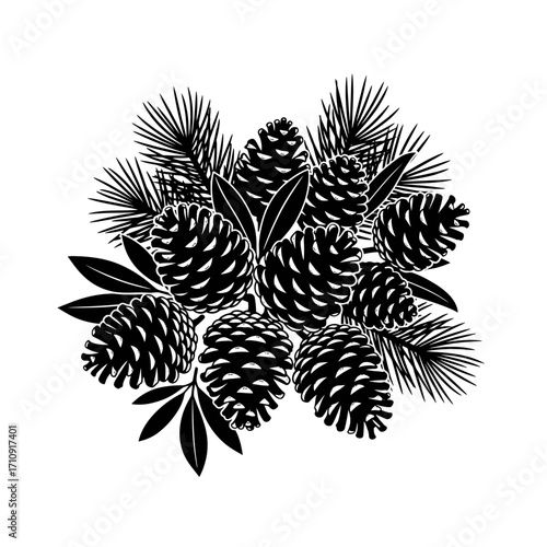 Vector art of pine cones with leaves composition of monochrome illustrations with coniferous tree cones and foliage elements