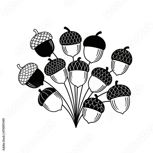 Vector art of elegant acorn bouquet, a charming illustration perfect for fallthemed designs, invitations, and natureinspired artwork