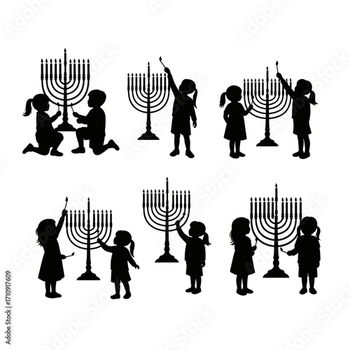 Vector art of silhouette of children lighting hanukkah menorah candles, celebrating the festival of lights with family and joy