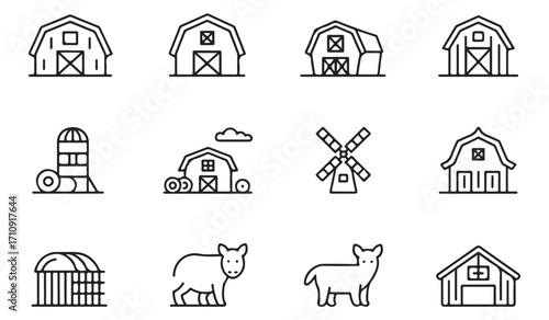 Vector outline collection of farming icons including barn, silo, cow, crops, tractor, farmer, pasture, countryside, and agriculture illustrations