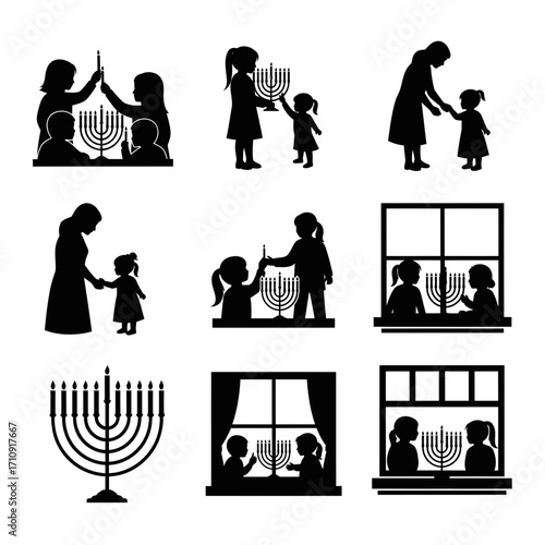 Vector art of silhouette of family lighting hanukkah menorahs, celebrating the festival of lights vector illustration of jewish holiday
