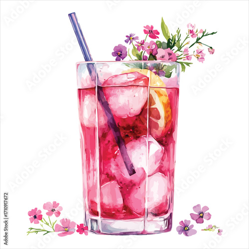 Pink Berry Drink with Lemon Slice and Purple Flowers on White Background Keywords: pink drink, berry cocktail, iced
