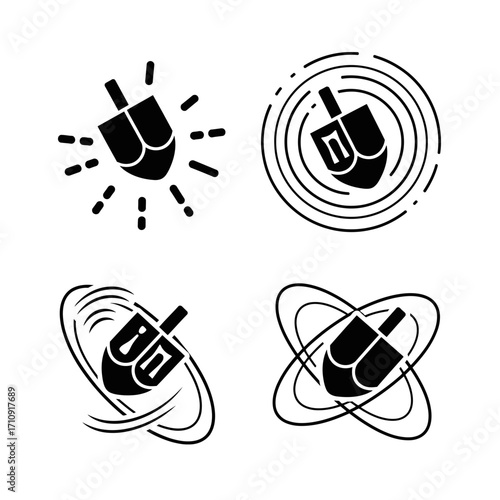 Vector art of collection of dreidel icons spinning with hebrew letters, a traditional hanukkah toy and symbol of the holiday