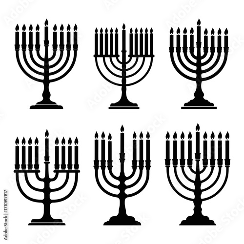 Vector art of collection of six black menorah icons, symbolizing hanukkah, the jewish festival of lights, in various designs