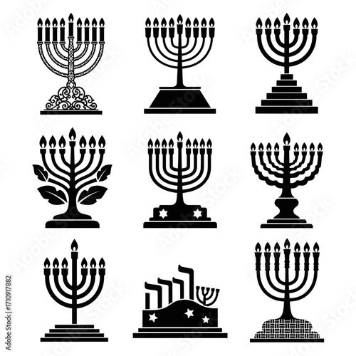 Vector art of set of nine menorah icons collection of black silhouette of hanukkah candelabra with burning candles
