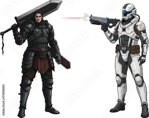 Medieval warrior and futuristic soldier standing together, black armor, sci-fi suit, sword and laser weapon, contrast, battle ready, epic pose