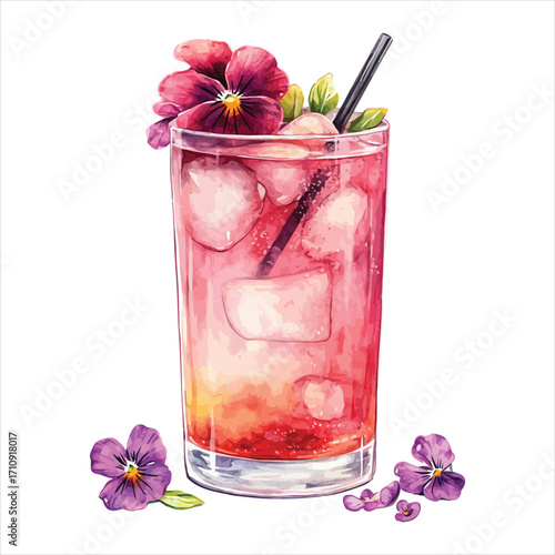 Pink Cocktail with Ice Cubes and Pansy Flowers on White Background Keywords: pink cocktail, iced drink, summer