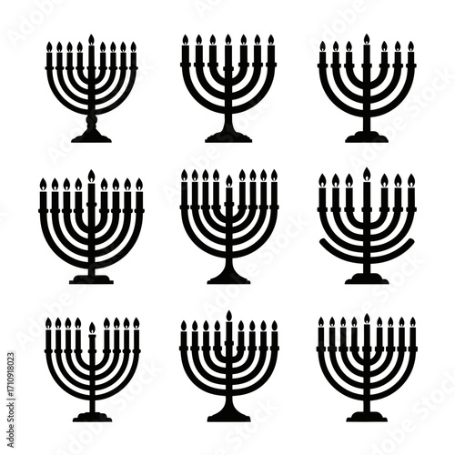 Vector art of diverse collection of hanukkah menorah icons, symbolizing jewish heritage and the festival of lights