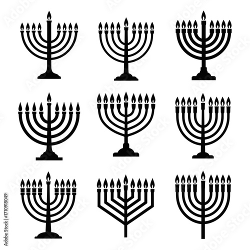 Vector art of collection of nine different menorah icons, representing the jewish holiday of hanukkah with unique designs