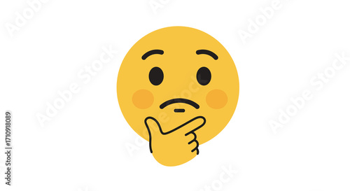 Thoughtful yellow emoji face with hand on chin against white background