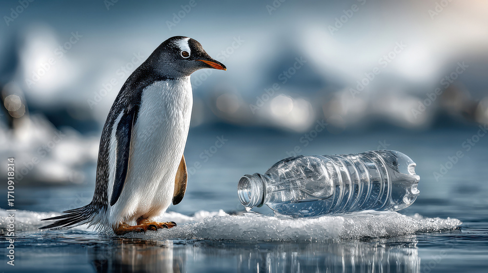 Obraz premium Lone penguin on ice with empty plastic bottle, wild animal looks at waste, highlights environmental pollution in antarctic habitat, wildlife conservation concept