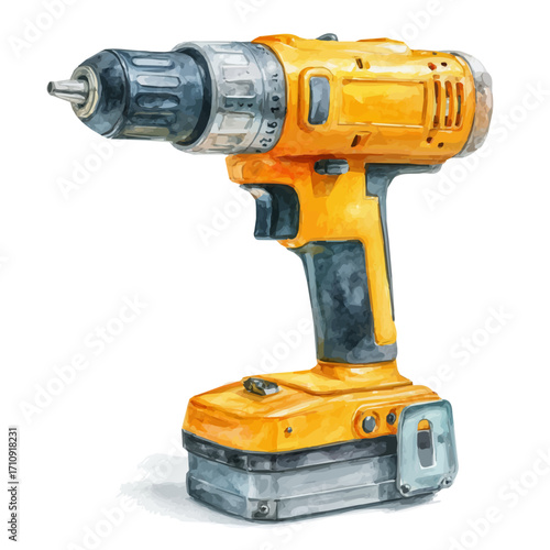 Watercolor vector illustration of Cordless Drill, isolated on white background.