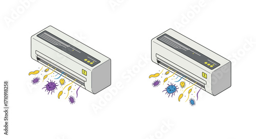 Isometric air conditioner with viruses and germs illustration on white backgr…